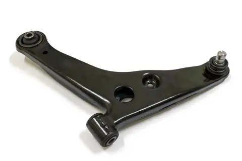 Bras de suspension noir, forme de triangle, avec un cylindre à une extrémité et une rotule à l'autre.