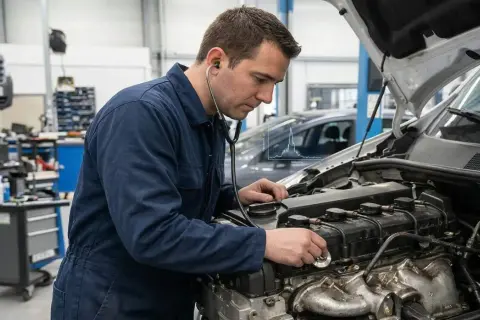 Mécanicien utilisant un stéthoscope pour diagnostiquer un bruit de moteur suspect dans un atelier.