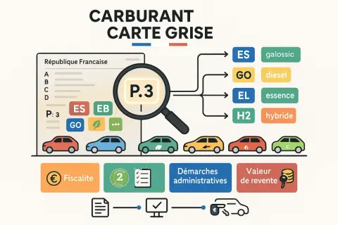 Carte grise : le carburant (essence ou diesel) est indiqué par P.3. Illustration des types de motorisation et de leurs implications fiscales.