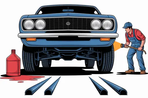 Mécanicien inspectant une fuite de joint spi sous une voiture bleue. Une bouteille rouge et du liquide renversé indiquent le problème.
