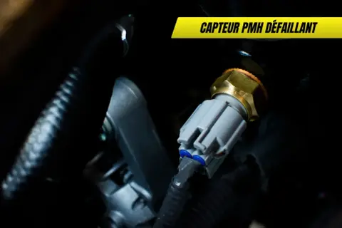 Gros plan sur un capteur PMH défaillant, essentiel au régime moteur. Sa connexion grise est visible.