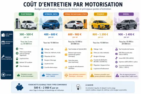 Coût d'entretien d'une voiture essence : 800-1200€/an. Vidange, filtres, bougies, courroie de distribution sont les principaux postes.