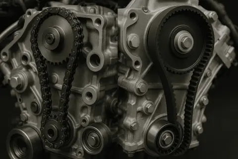 Comparaison d'un moteur de Golf 7 : chaîne de distribution à gauche, courroie de distribution à droite.