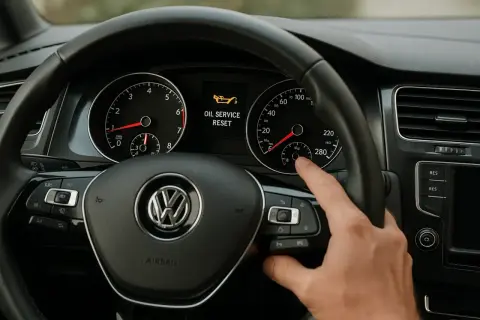 Tableau de bord d'une Golf 7 avec le message "OIL SERVICE RESET". Une main appuie sur un bouton pour la remise à zéro vidange.