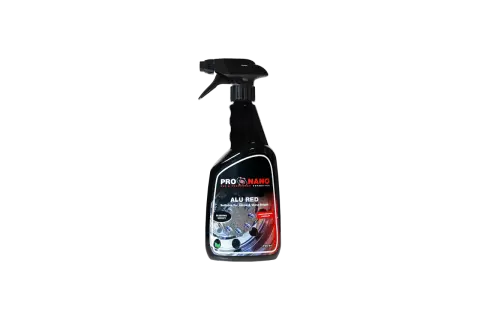 Spray pour nettoyer jantes alu très encrassées. Le produit "ALU RED" de ProNano, avec effet de saignement, pour un nettoyage professionnel.