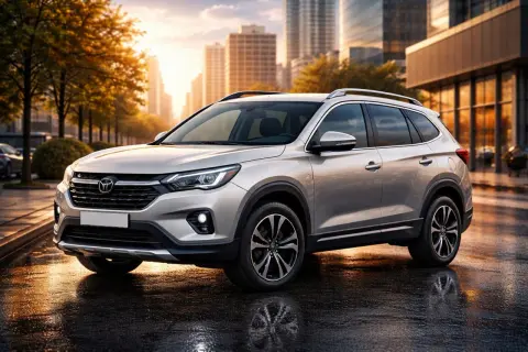 Un SUV argenté, le plus fiable, se gare sur une rue mouillée au coucher du soleil, reflétant les lumières de la ville.