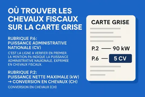 Carte grise : la rubrique P.6 indique les chevaux fiscaux (CV). Ici, 5 CV.