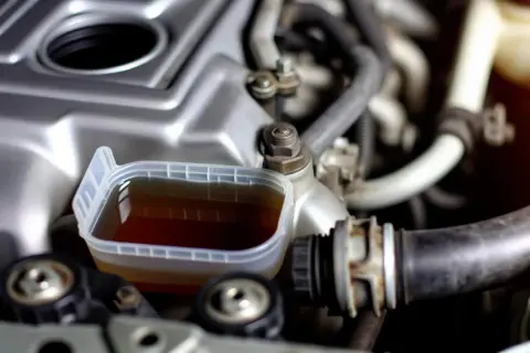 Un réservoir transparent contient du liquide de refroidissement marron, près du moteur d'une voiture.