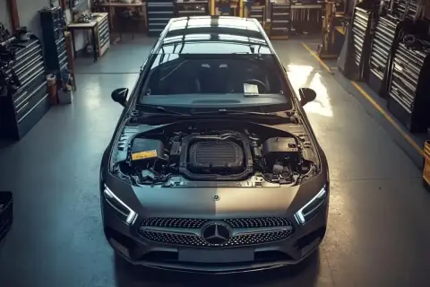 Capot ouvert d'une voiture moderne dans un atelier, symbole du fin des voitures thermiques.