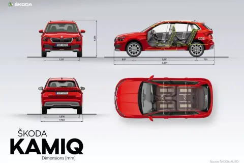 Vue 3D du Skoda Kamiq rouge, montrant ses dimensions extérieures et intérieures. Le véhicule est vu de face, de côté, de dos et de dessus.
