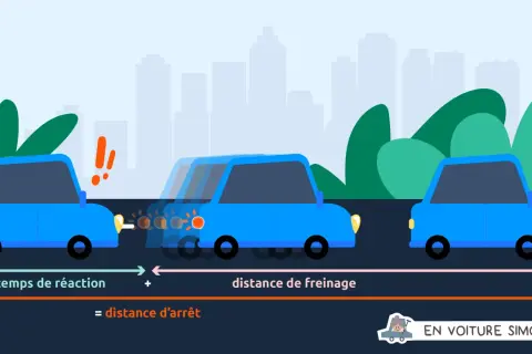 Illustration montrant la distance d'arrêt d'une voiture, composée du temps de réaction et de la distance de freinage. Une vieille dame appuie sur la pédale de frein.