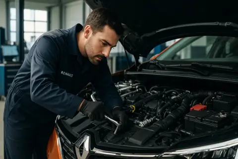 Mécanicien Renault concentré sur le moteur, assurant une révision parfaite. Le prix de la révision Renault est justifié par cette expertise.
