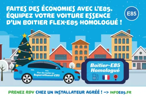 Voiture bleue avec un boîtier E85 homologué, pour faire des économies. Prise de rendez-vous chez un installateur agréé.