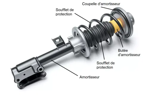 Amortisseur avec coupelle d'amortisseur, soufflet de protection et butée. Pièce mécanique essentielle pour le bon fonctionnement du véhicule.