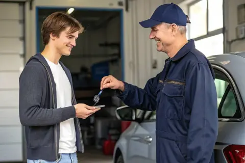 Un mécanicien souriant rend les clés de voiture à un jeune homme après la révision annuelle de sa voiture.