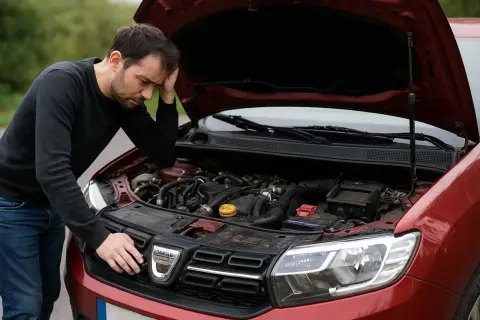 Homme inquiet devant le moteur ouvert d'une Dacia Sandero rouge, peut-être une panne ou une question sur sa consommation.