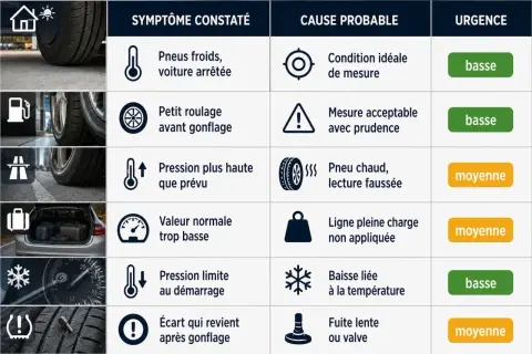 Tableau comparant les symptômes de pression des pneus, leurs causes probables et l'urgence, incluant la "pression des pneus à chaud" faussant la lecture.