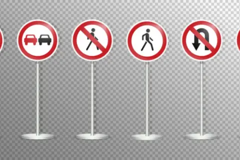 Panneaux de signalisation routière : interdiction de dépasser, piétons interdits, demi-tour interdit. Idéal pour apprendre à conduire une automatique.