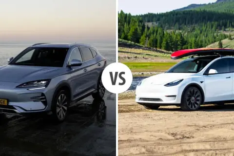Comparaison : un SUV BYD gris près de l'eau, face à un SUV Tesla blanc prêt pour l'aventure avec un surf sur le toit.