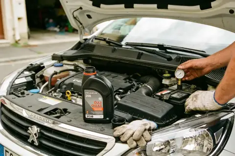 Vidange Peugeot 208 : une bouteille d'huile moteur et des gants sont posés sur le capot ouvert. Un manomètre est connecté à la batterie.