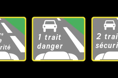 Panneaux routiers : "vérifiez votre distance de sécurité", "1 trait danger", "2 traits sécurité".