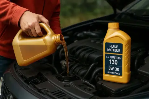 Comment choisir son huile moteur : une personne verse de l'huile 5W-30 dans un moteur de voiture.