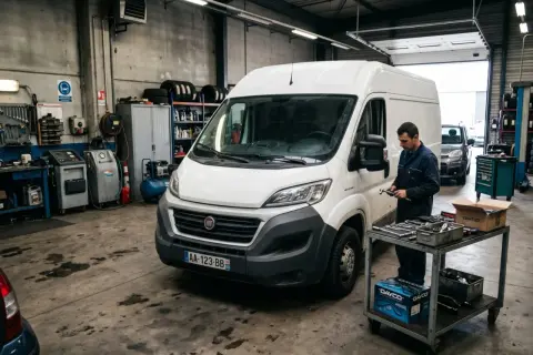 Mécanicien travaillant sur une courroie de distribution Fiat Ducato dans un garage. Outils et pièces à proximité.