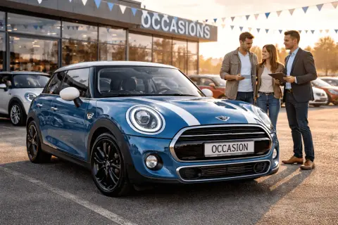 Couple discute avec un vendeur devant une Mini Cooper 1.5 136 cv, symbole de fiabilité.