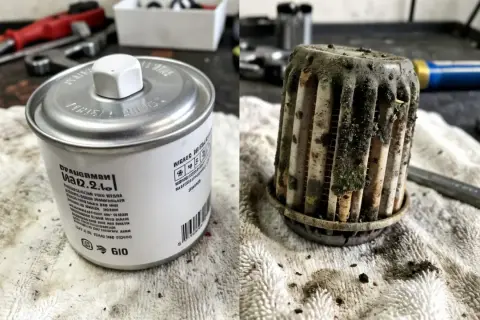 Comparaison d'un filtre à gasoil encrassé et d'un neuf. Le filtre usagé est couvert de saletés et de débris, tandis que le nouveau est propre et prêt à l'emploi.