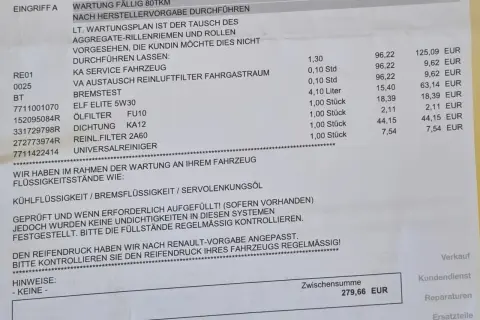 Relevé d'entretien pour une Dacia Sandero essence : changement de filtre à air, test des freins, huile moteur, filtre à huile, etc.