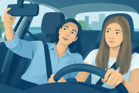 Une jeune femme apprend la conduite accompagnée à 14 ans, guidée par une monitrice attentive.