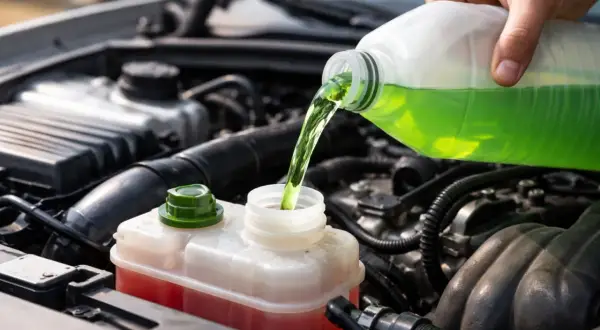 Main d'une personne versant du liquide de refroidissement vert dans le réservoir d'un moteur de voiture. Vérification de la consommation normale de liquide de refroidissement.