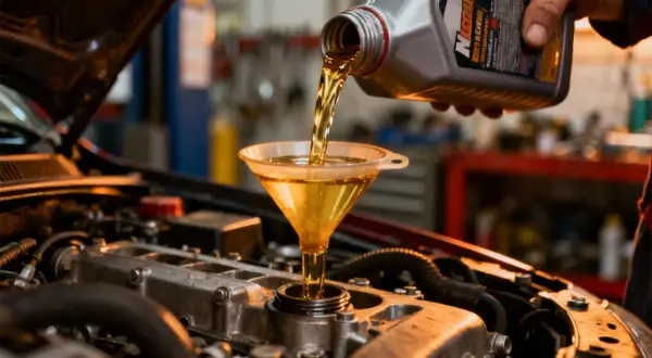 Un mécanicien verse de l'huile neuve dans le moteur d'une voiture, une étape essentielle pour la vidange d'huile moteur.