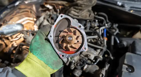 Main d'un mécanicien tenant une pompe à eau de voiture usagée, suggérant la fin de sa durée de vie.