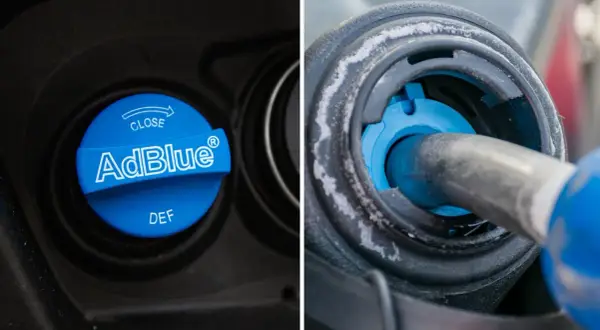 Bouchon AdBlue bleu fermé à gauche, remplissage AdBlue à droite. Le moteur peut être chaud ou froid lors de cette opération.