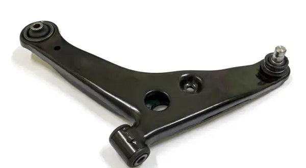 Bras de suspension noir, forme de triangle, avec un cylindre à une extrémité et une rotule à l'autre.