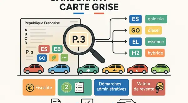 Carte grise : le carburant (essence ou diesel) est indiqué par P.3. Illustration des types de motorisation et de leurs implications fiscales.