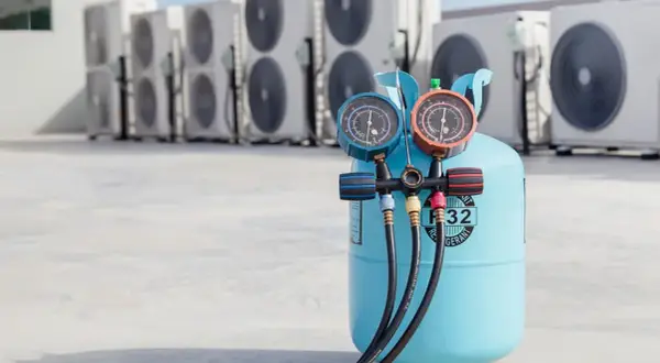 Bouteille de gaz R32 pour climatisation de voiture, avec manomètres, devant des unités extérieures de climatisation.