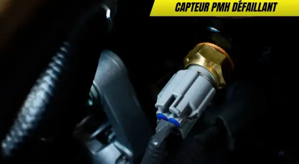 Gros plan sur un capteur PMH défaillant, essentiel au régime moteur. Sa connexion grise est visible.
