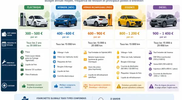 Coût d'entretien d'une voiture essence : 800-1200€/an. Vidange, filtres, bougies, courroie de distribution sont les principaux postes.