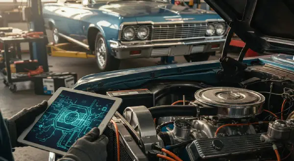 Un mécanicien utilise une tablette pour diagnostiquer une voiture classique, une prime reprise voiture plus de 10 ans.