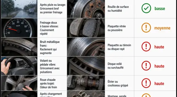 Tableau des symptômes de freinage : rouille, plaquette vitrée, usure, disque voilé, étrier grippé, mauvais montage plaquette de frein.