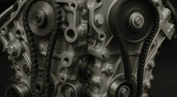 Comparaison d'un moteur de Golf 7 : chaîne de distribution à gauche, courroie de distribution à droite.