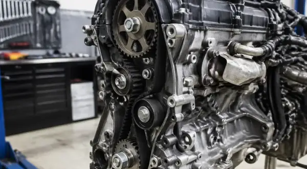 Gros plan sur la courroie de distribution d'un moteur de Peugeot 208, avec des engrenages et des poulies visibles dans un atelier.