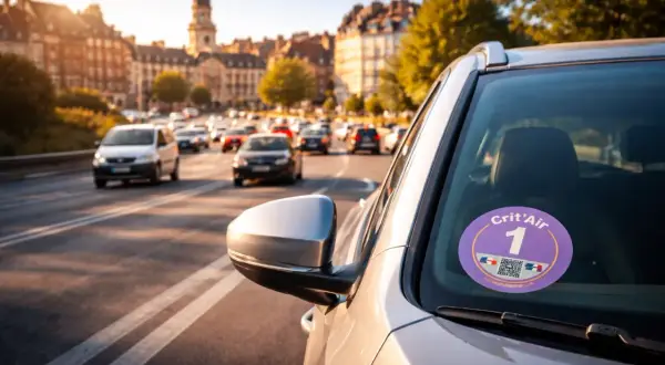 Autocollant Crit'Air 1 sur un pare-brise, avec une circulation dense en arrière-plan dans une ville baignée de soleil.