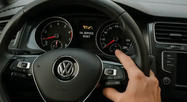 Tableau de bord d'une Golf 7 avec le message "OIL SERVICE RESET". Une main appuie sur un bouton pour la remise à zéro vidange.