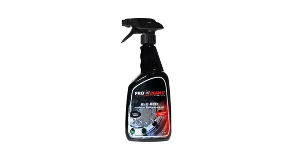 Spray pour nettoyer jantes alu très encrassées. Le produit "ALU RED" de ProNano, avec effet de saignement, pour un nettoyage professionnel.