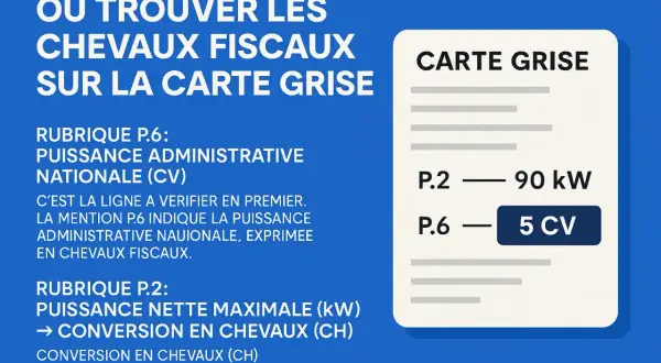 Carte grise : la rubrique P.6 indique les chevaux fiscaux (CV). Ici, 5 CV.