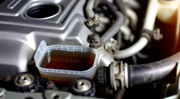 Un réservoir transparent contient du liquide de refroidissement marron, près du moteur d'une voiture.