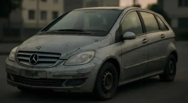 Mercedes Classe B, un modèle à éviter, sale et abîmé, stationné devant des bâtiments délabrés.
